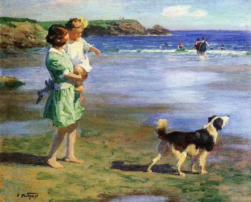 mère et fille avec chien sur le bord de mer plage Edward Henry Potthast Peinture à l'huile